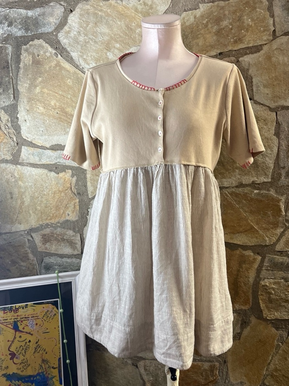 Roolee Cream Striped Babydoll Dress Red Stitch Detail Lined Medium